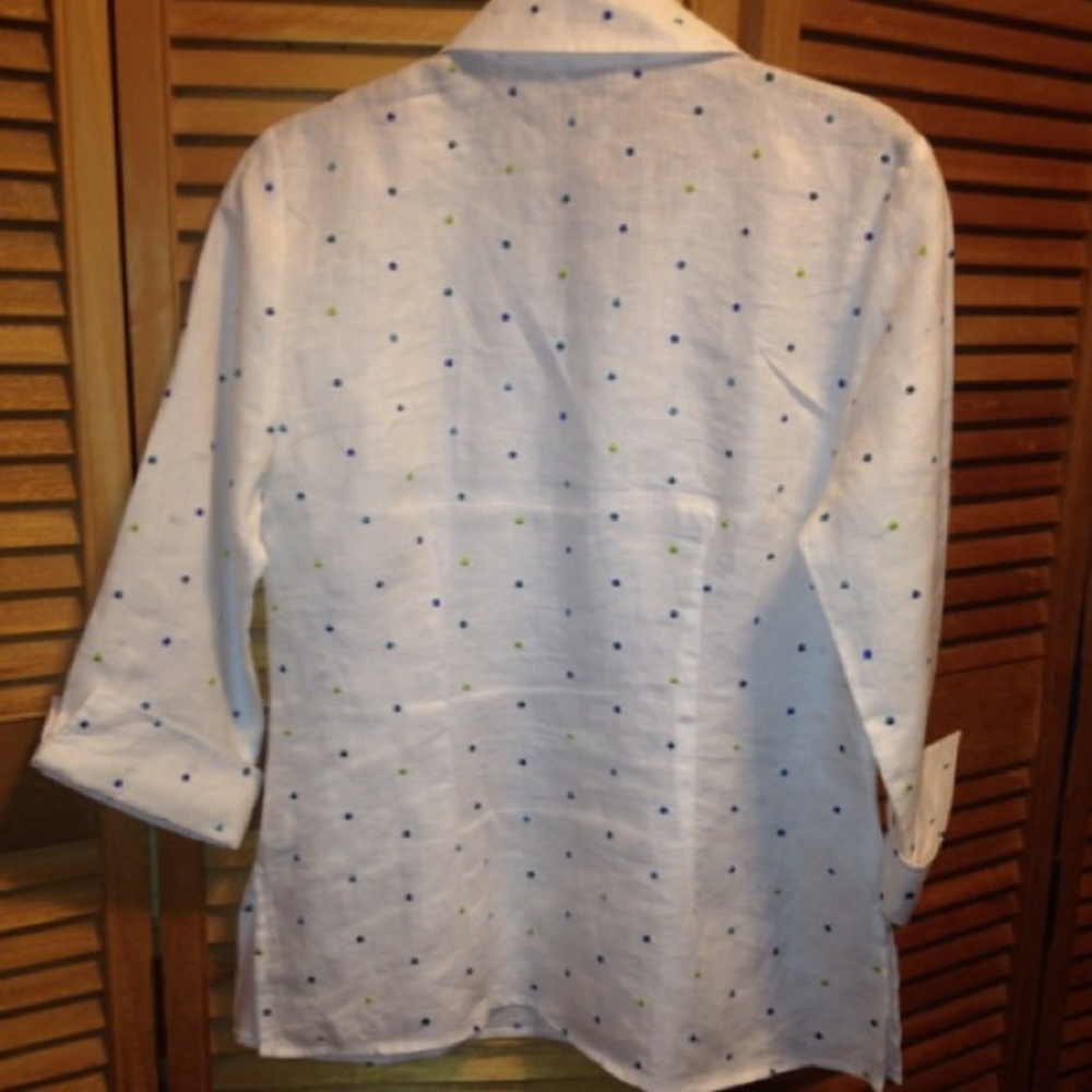 Richard Malcom White Linen Button Down Blouse with Blue & Green Polka Dots - Picture 4 of 4